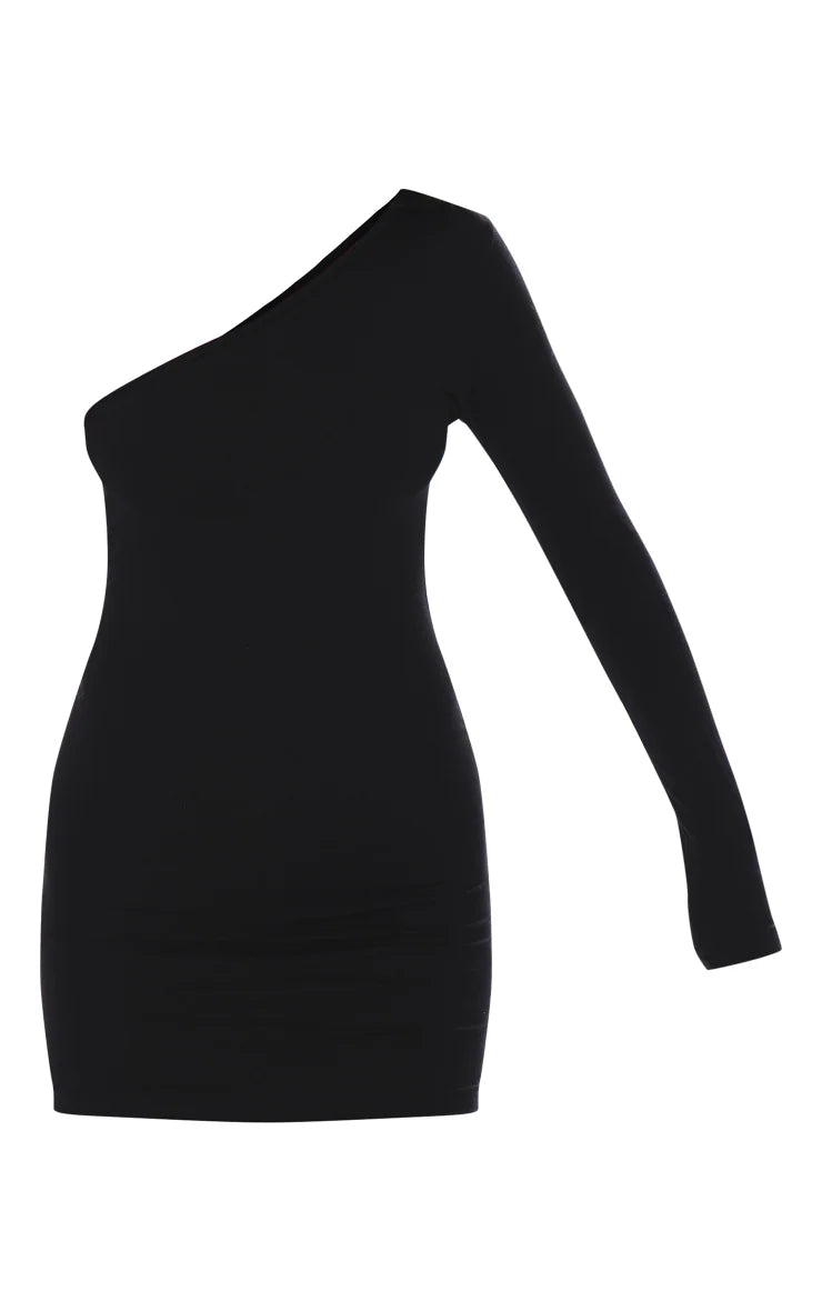 Black Cotton One Shoulder Long Sleeve Bodycon Dress