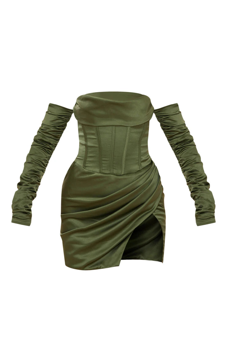 Sage Khaki Satin Corset Ruched Sleeve Bodycon Dress