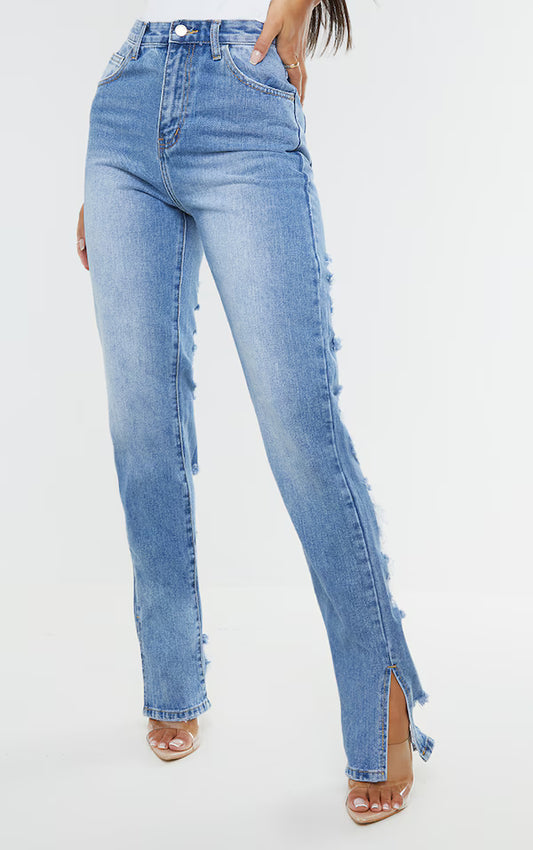 Plt - Light Blue Wash Ripped Back Split Hem Jeans
