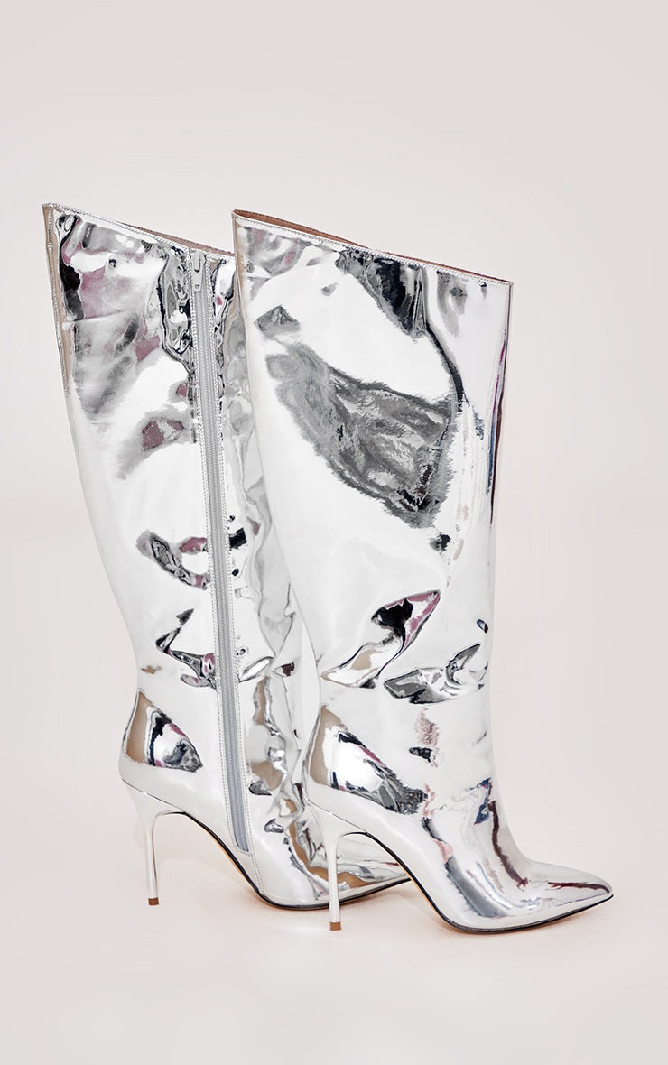 Silver Metallic Point Toe Slanted Edge Stiletto Heeled Knee Boots