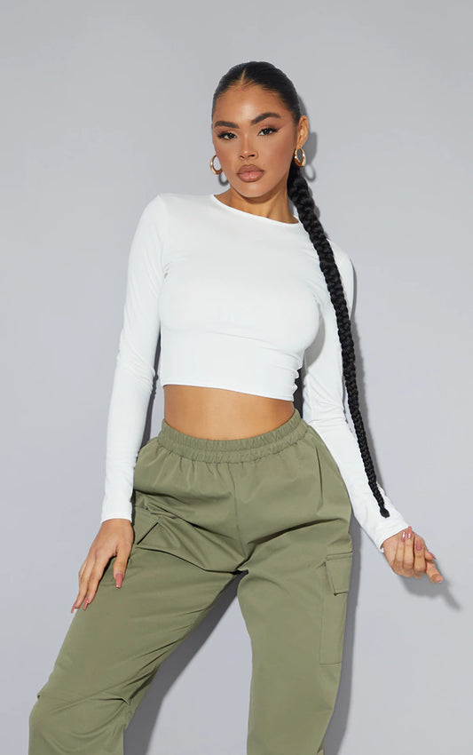 White Slinky Long Sleeve Round Neck Crop Top