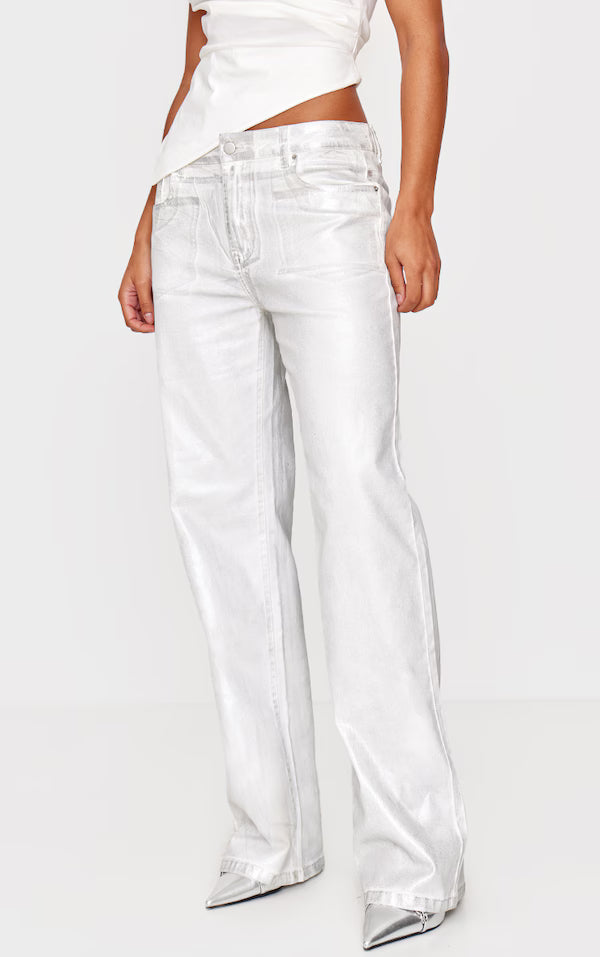 Plt - White Metallic Effect Low Rise Wide Leg Jeans