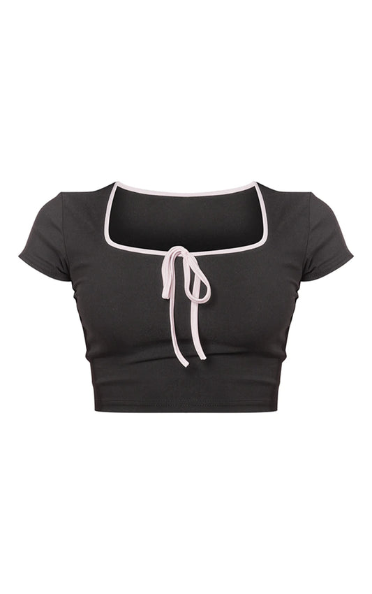 Black Stretch Woven Cap Sleeve Contrast Binding Crop Top