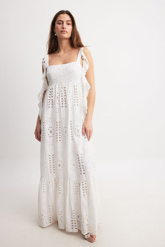Embroidered Anglaise Ruffle Shoulder Maxi Dress