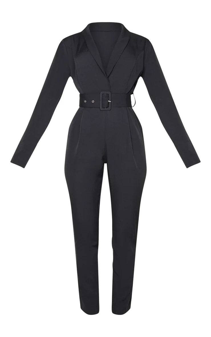 Black Lapel Detail Belted Jumpsuit