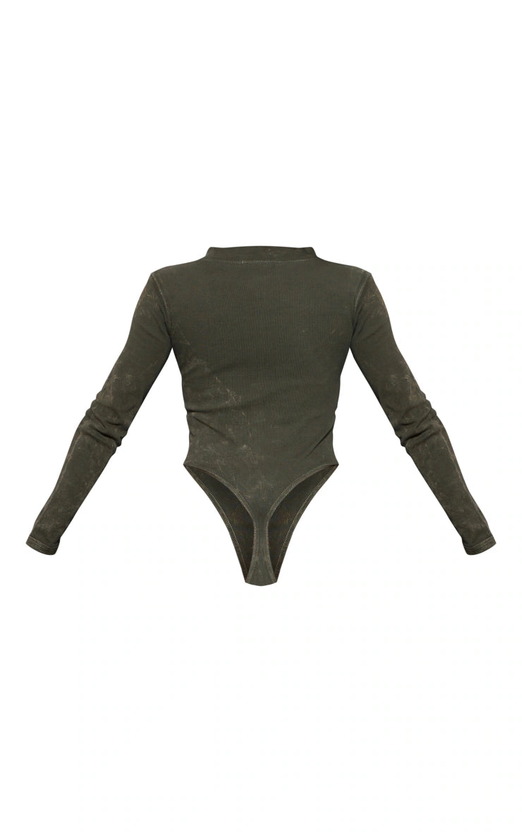 Khaki Print Washed Rib Half Zip Bodysuit