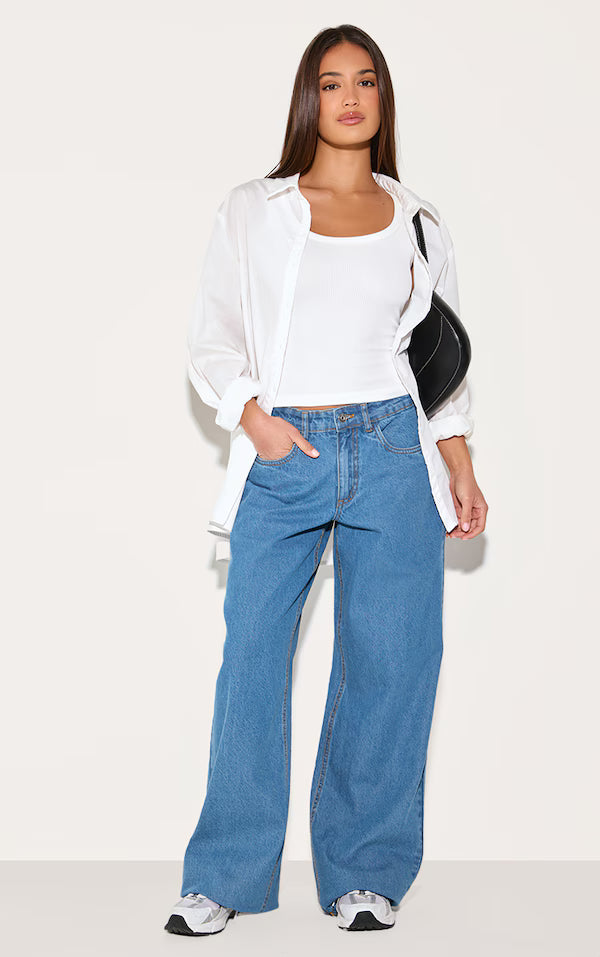 Mid Blue Wash Low Waist Wide Leg Jeans