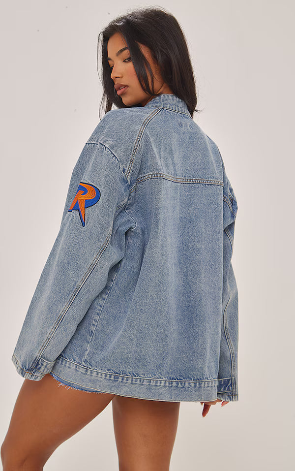 Plt - Mid Blue Wash Racer Graphic Oversized Denim Jacket