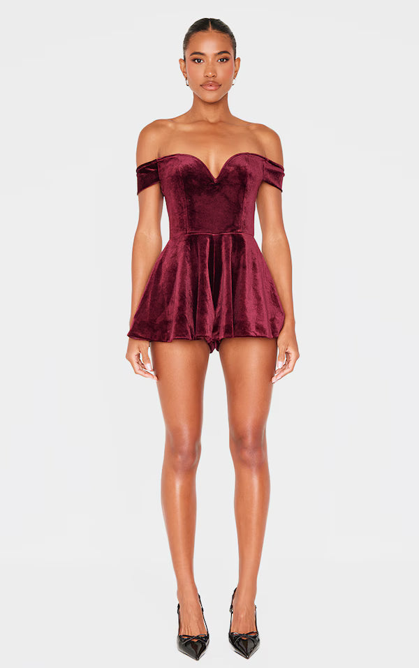 Burgundy Velvet Bardot Sweetheart Neckline Floaty Playsuit