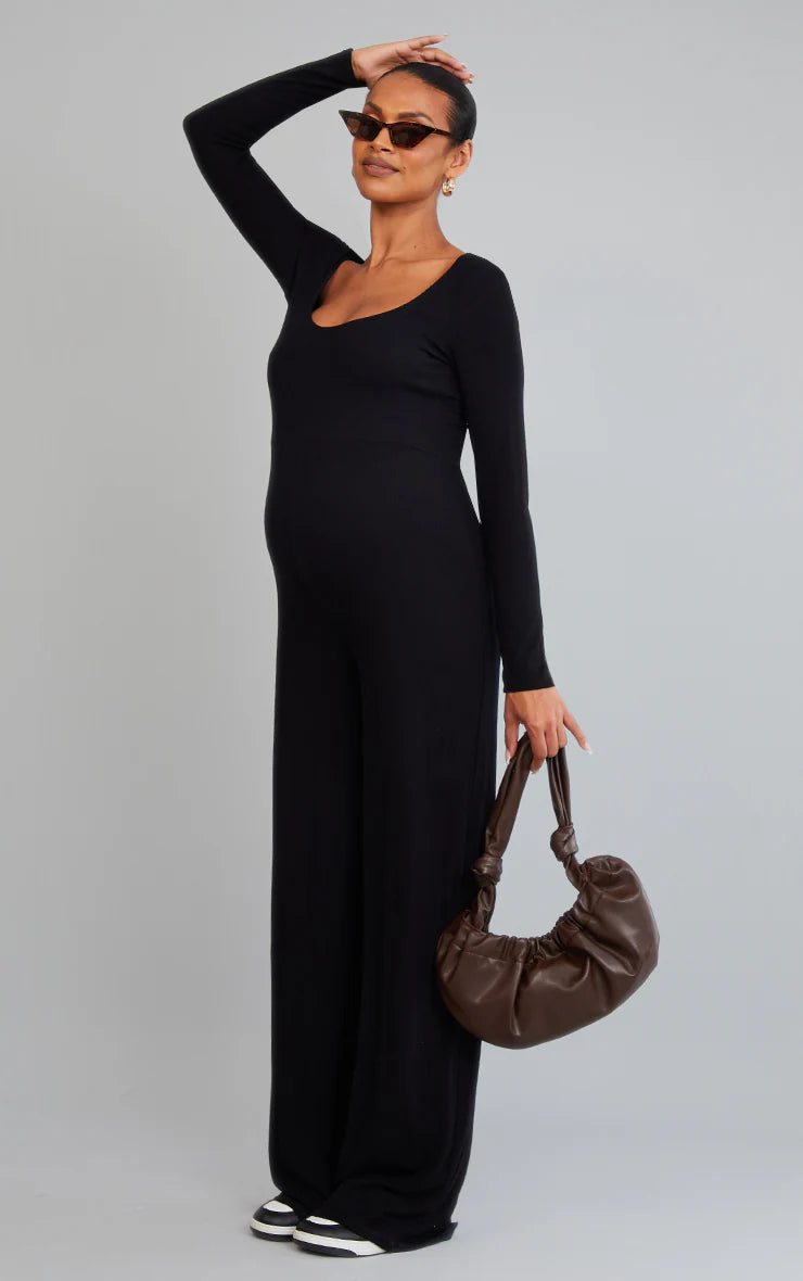 Maternity Black Long Sleeved Soft Rib Jumpsuit