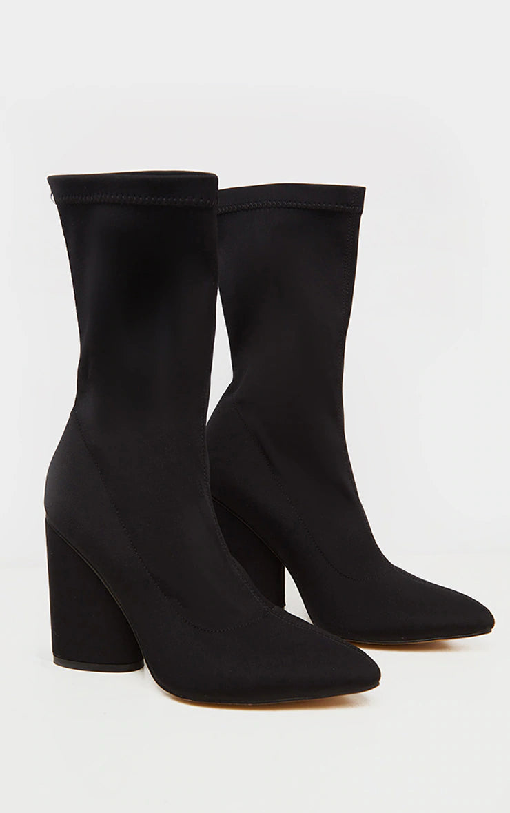 Black Chunky Block Heel Sock Boot