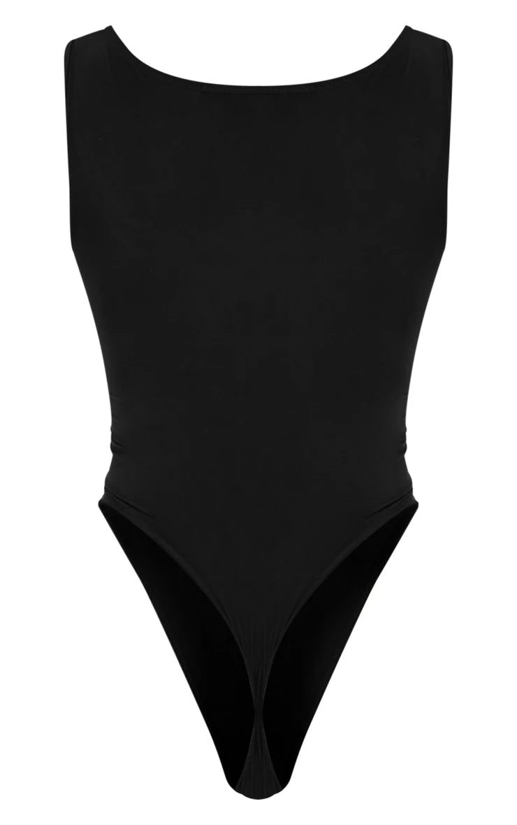 Black Basic Slinky Scoop Neck Bodysuit