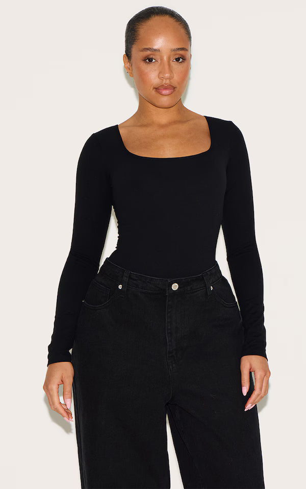 Shape Black Built In Bra Sculpt Square Neck Long Sleeve Bodysuit