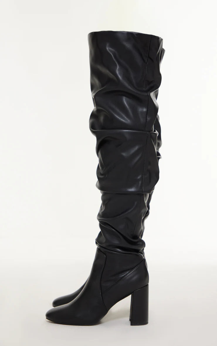 Black Pu Round Toe Ruched Over The Knee Block Heeled Boots