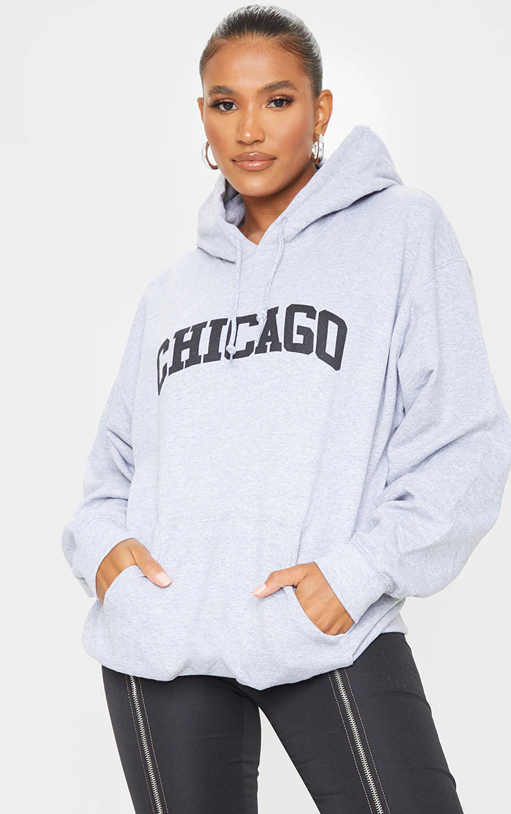 Grey Chicago Print Oversized Hoodie