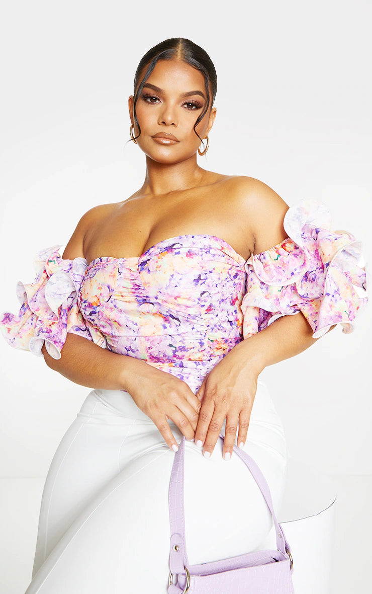 Plus Lilac Floral Print Puff Sleeve Bardot Crop Top