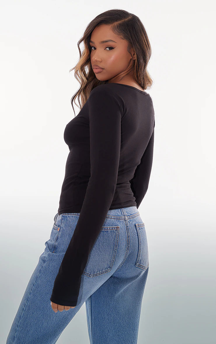 Basic Black Cotton Blend Longline Long Sleeve Top