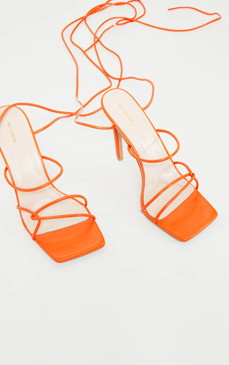 ORANGE WIDE FIT TUBE STRAPPY LACES UP HIGH HEELS