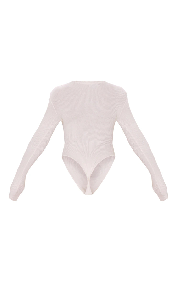 Cream Ribbed Knit Long Sleeve Bodysuit