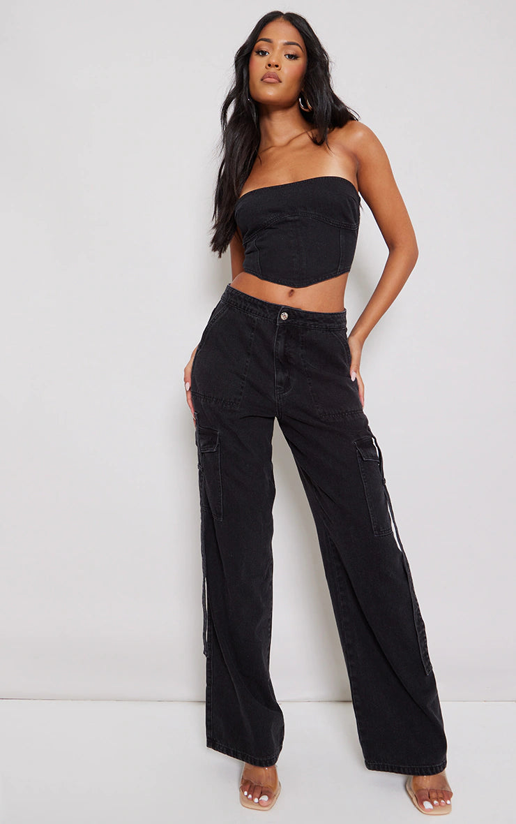 Tall Washed Black Mid Rise Denim Wide Leg Cargo Jeans