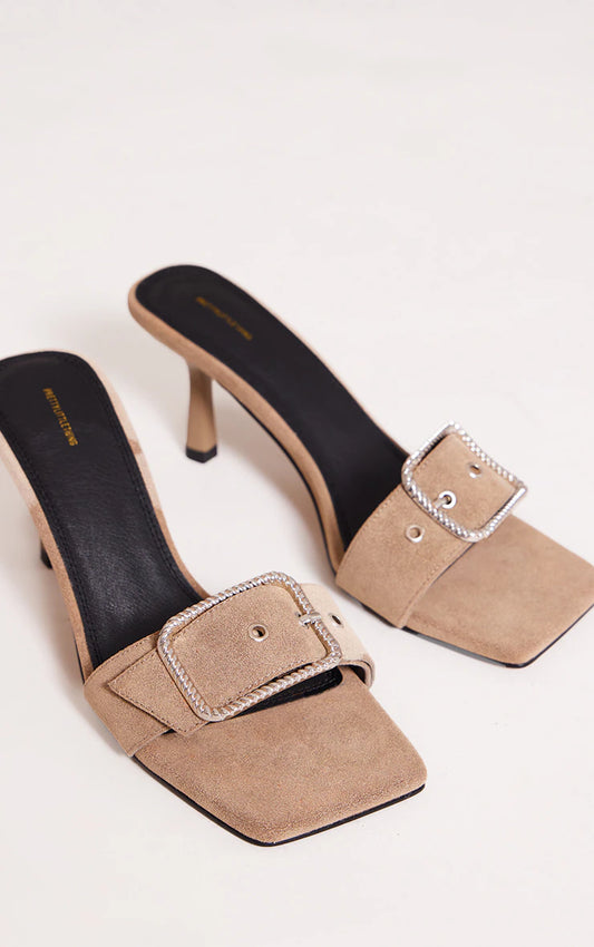 Taupe Faux Suede Square Toe Buckle Strap Low Heel Open Toe Mules