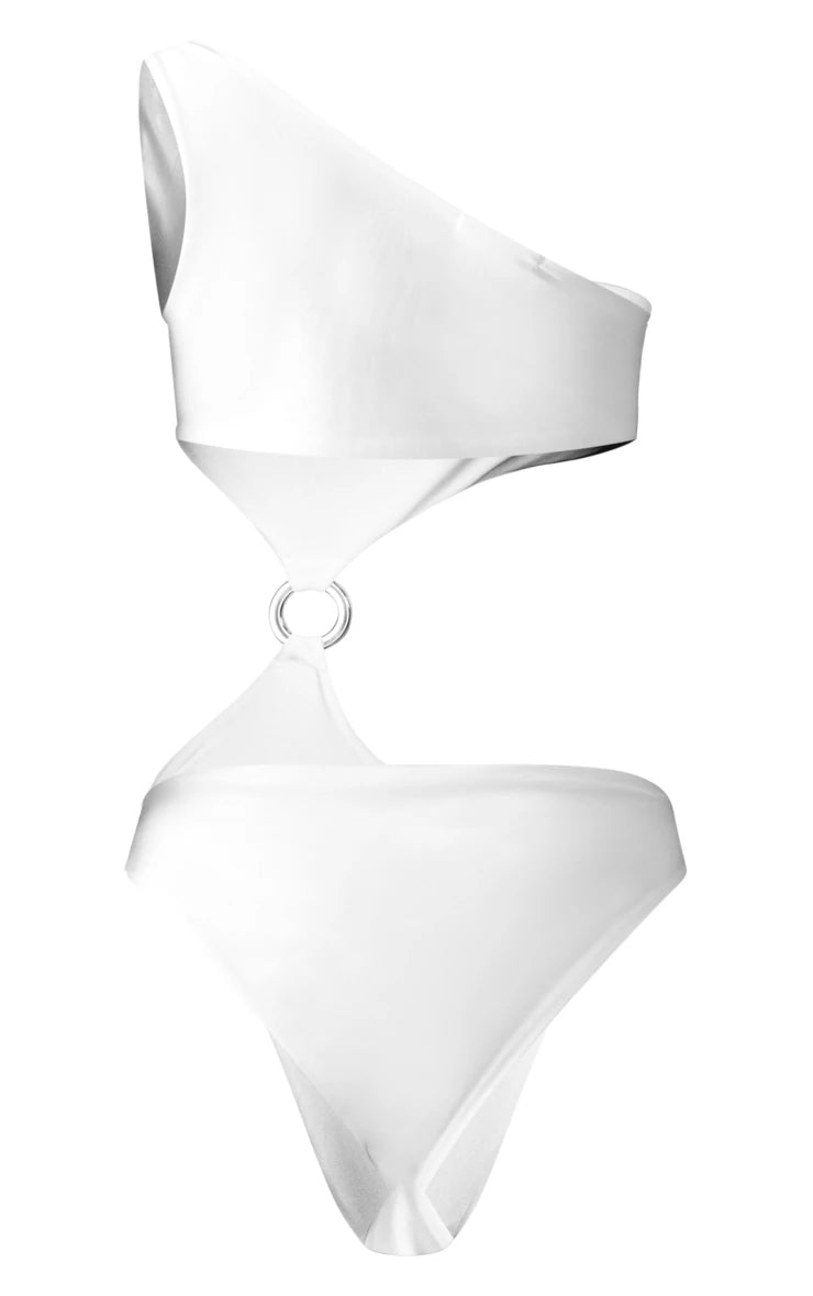 White One Shoulder O Ring Cut Out Swimsuit