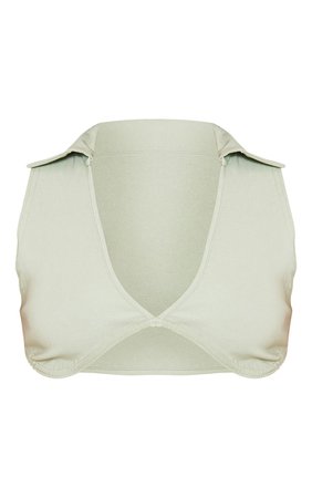Sage Green Stretch Woven Plunge Sleeveless Crop Shirt