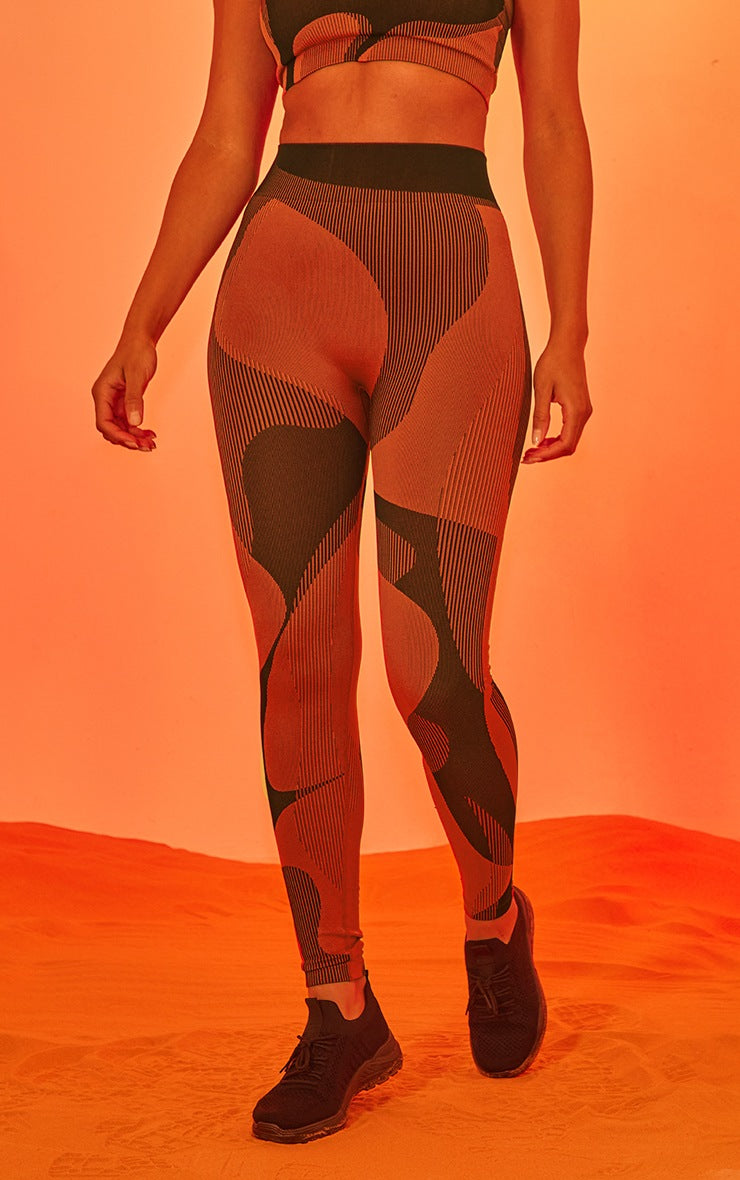 BURNT ORANGE SEAMLESS CONTRAST COLOUR BLOCK GYM LEGGING