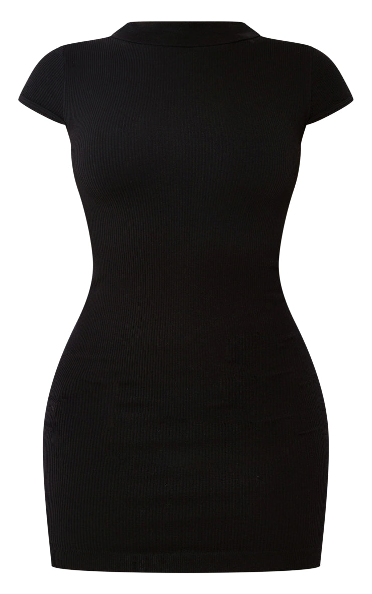 Black Structured Contour Rib Cap Sleeve Bodycon Dress