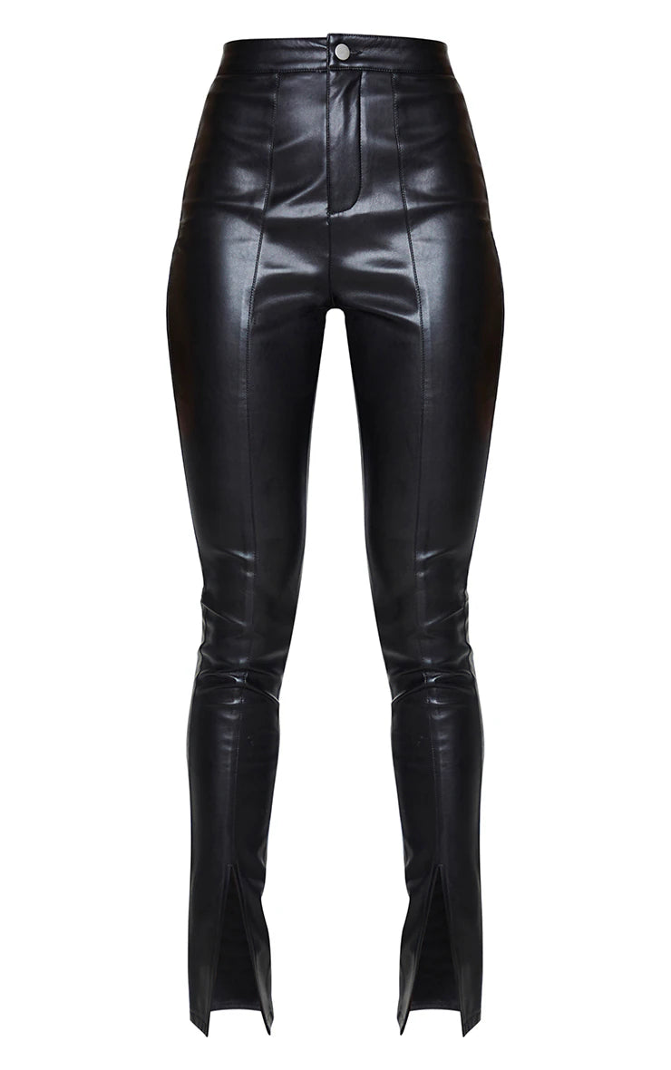 Black Split Hem Faux Leather Skinny Trousers