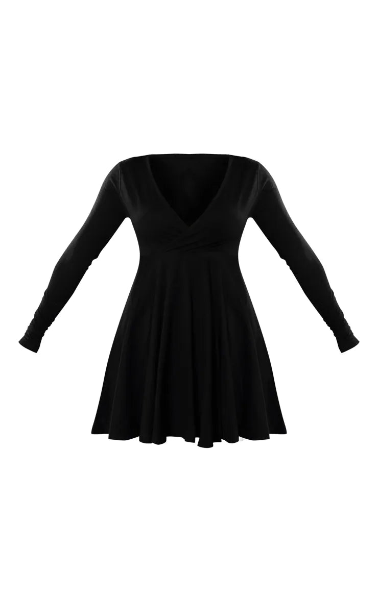 Black Cotton Wrap Long Sleeve Skater Dress