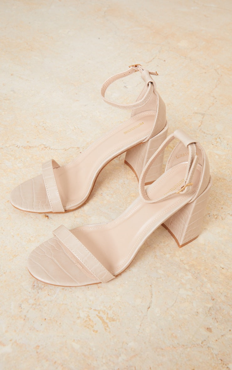 NUDE CROC PU BLOCK HEEL SANDALS