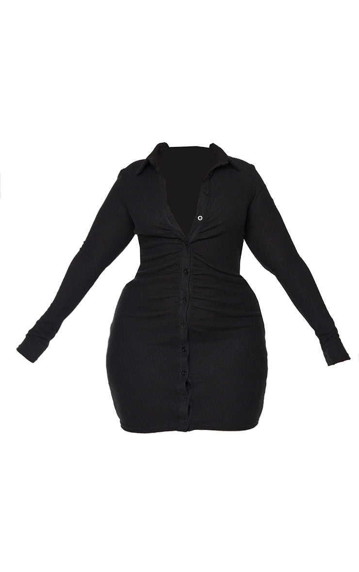 Plus Black Brushed Rib Long Sleeve Ruched Shirt Dress