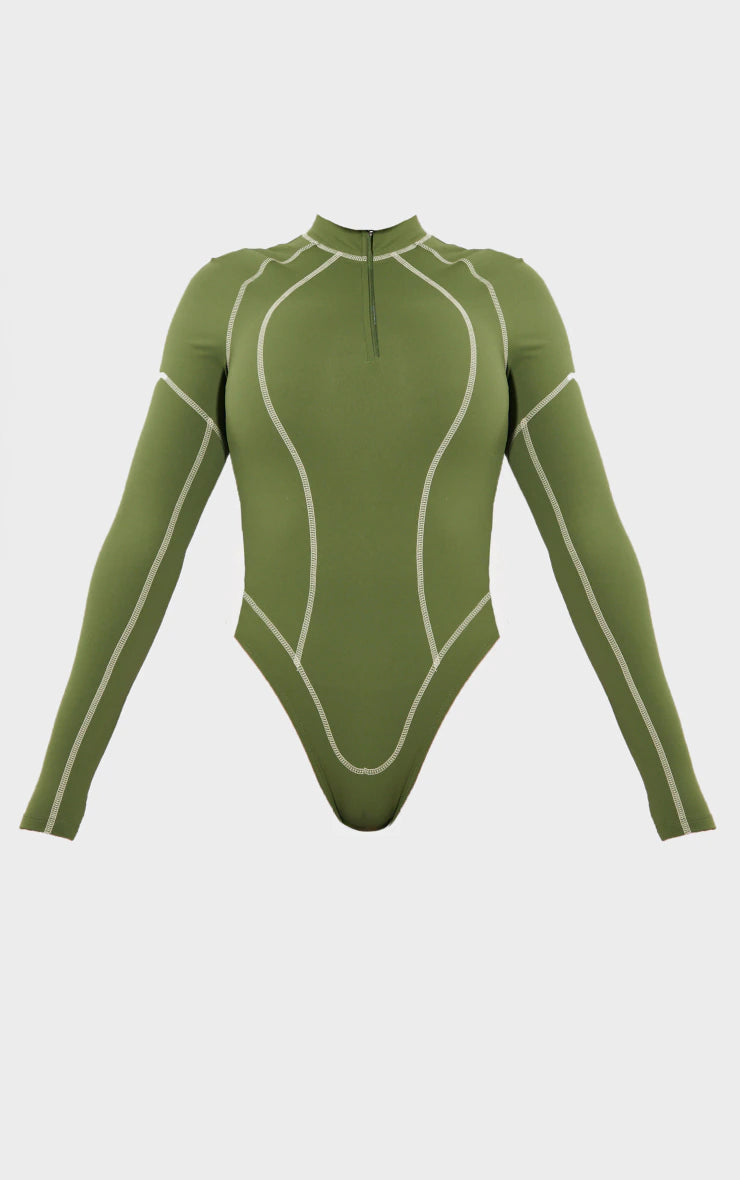 Shape Khaki Sculpted Contrast Stitch Long Sleeve Bodysuit