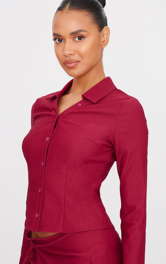 Burgundy Woven Long Sleeve Cargo Detail Shirt