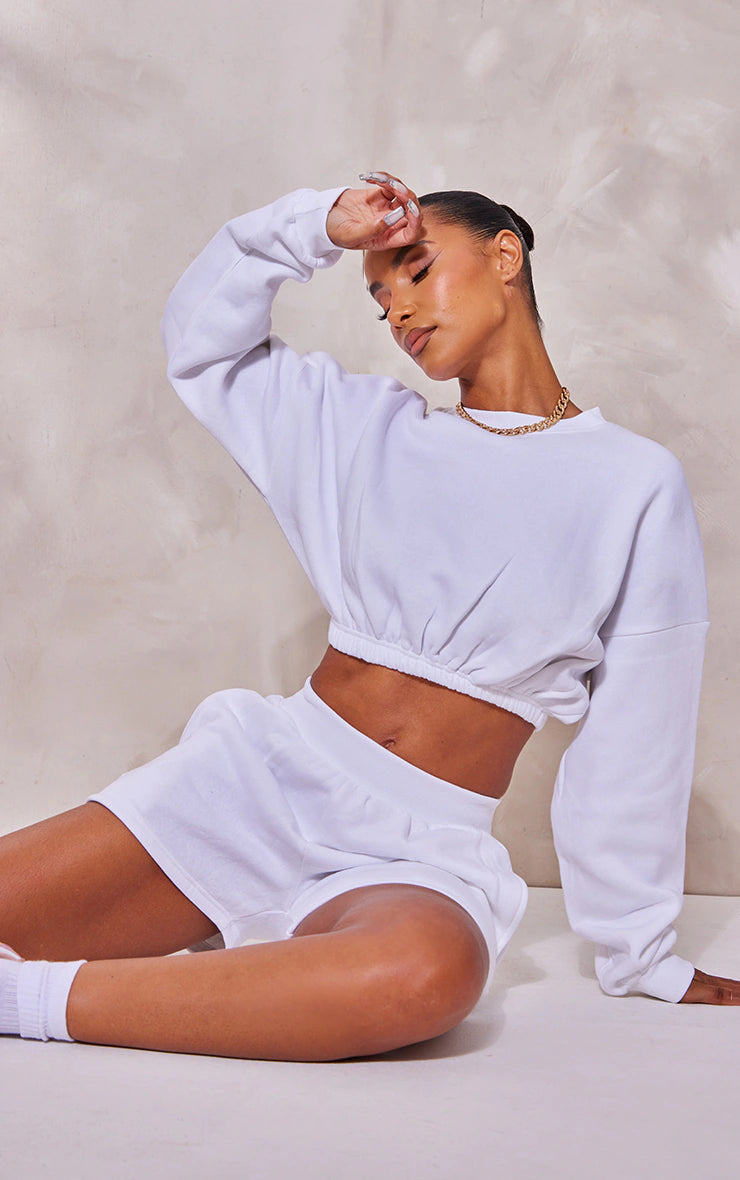 White Oversized Cinched Cropped Sweat