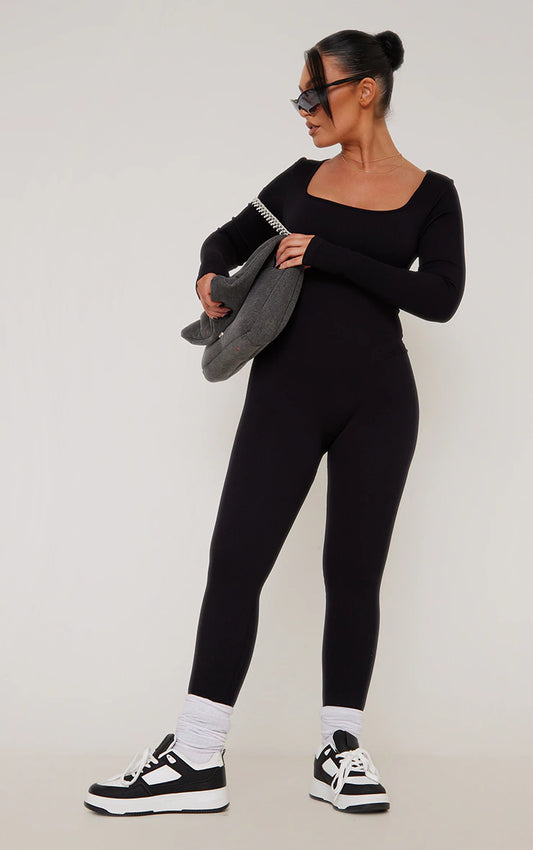 Black Contour Rib Square Neck Long Sleeve Jumpsuit