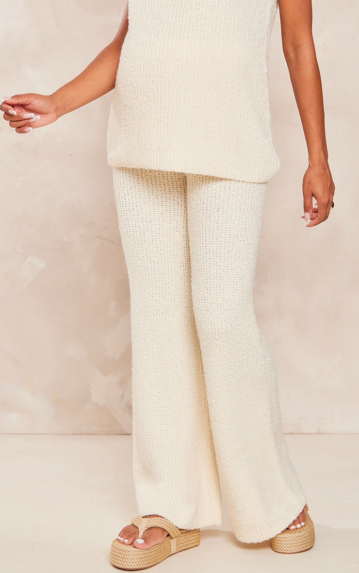 MATERNITY CREAM POPCORN KNITTED HIGH WAISTED TROUSERS