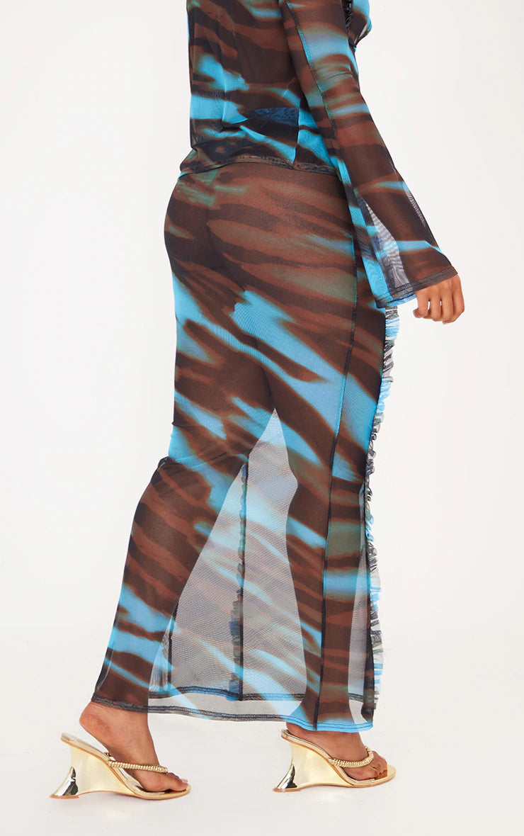 Shape Blue Animal Printed Mesh Ruffle Detail Maxi Skirt