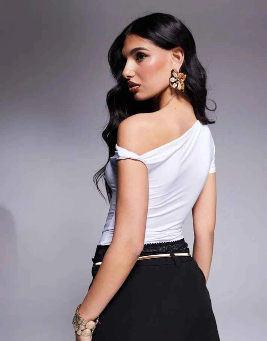 Fashionkilla double sculpted slinky asymmetric twist detail body in white