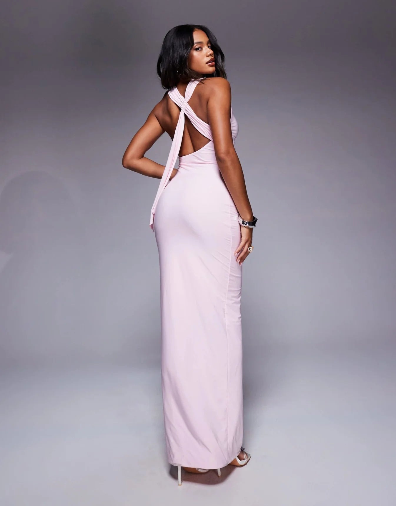 Fashionkilla double sculpted slinky open back drape detail maxi dress in baby pink