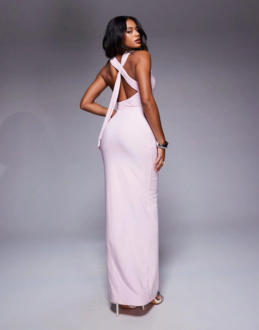 Fashionkilla double sculpted slinky open back drape detail maxi dress in baby pink