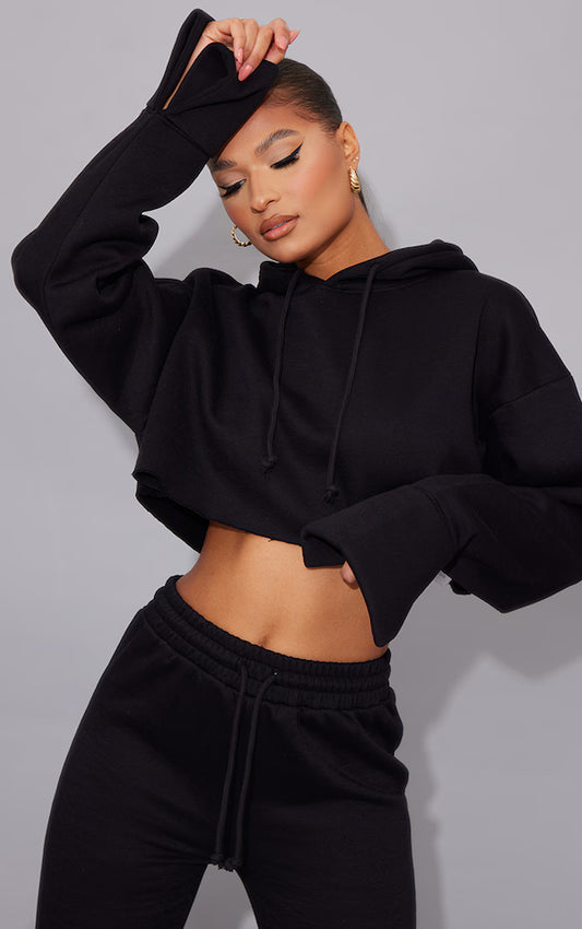 Black Oversized Turn Up Sleeve Hem Cropped Sweatshirt