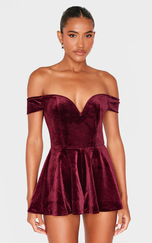 Burgundy Velvet Bardot Sweetheart Neckline Floaty Playsuit