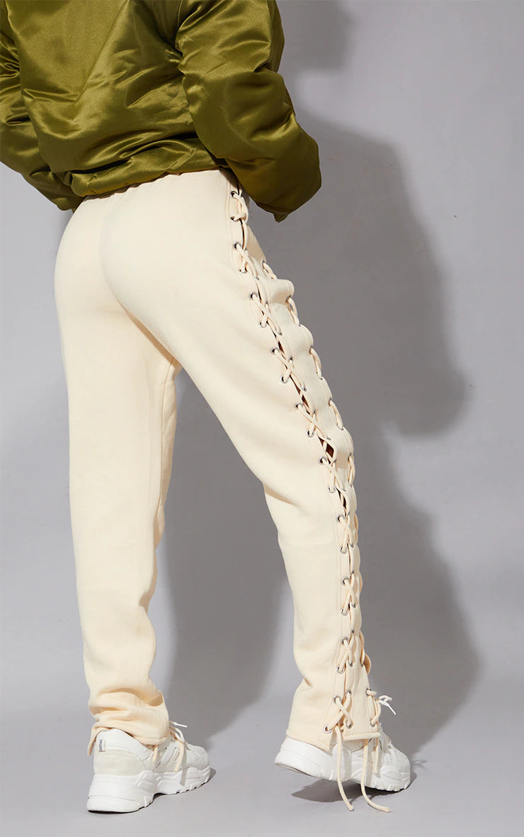 Cream Lace Up Side Detail Oversized Sweatpants