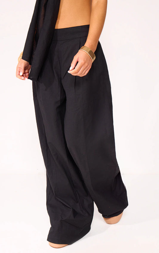 Black Wide Leg Linen Look Trousers