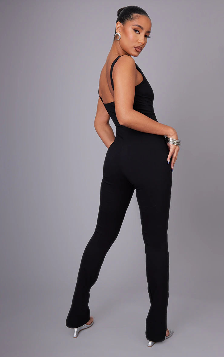 Black Square Neck Thick Strap Stretch Woven Jumpsuit