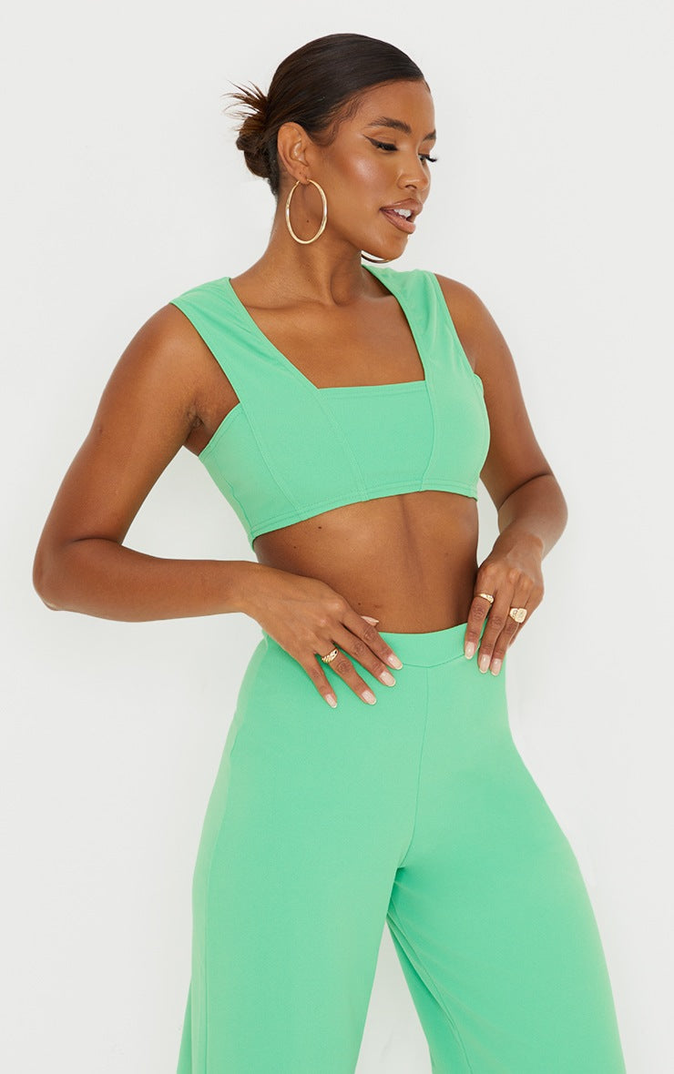 Bright Green Crepe Square Neck Crop Top