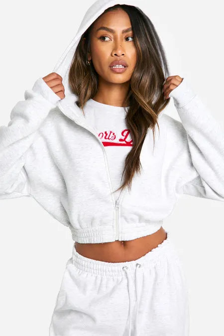 Sports Dept Towelling Applique Zip Through Cropped Hoodie