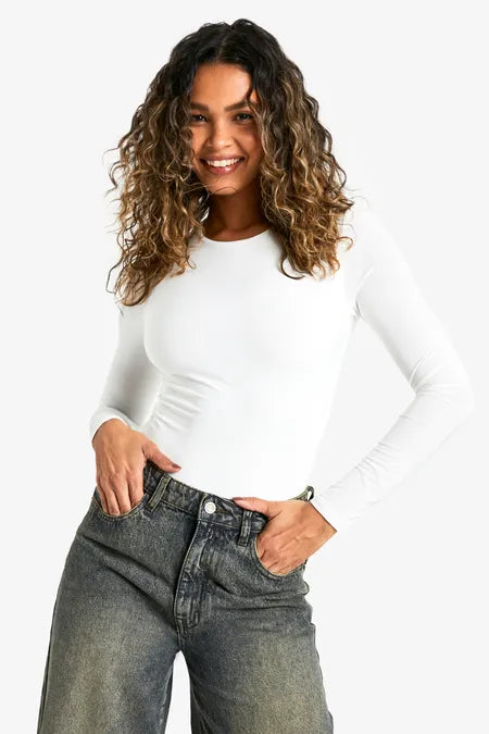 Double Layer Slinky Long Sleeve Crew Neck Bodysuit